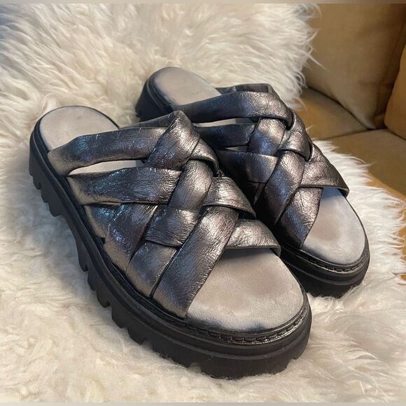 Fru.it Shoes - Fru.it Leather Slide Sandals Pewter Metallic Made in Italy 9.5